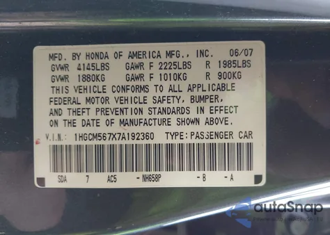 2007 Honda Accord 2.4 Ex из США, поврежденный, VIN 1HGCM567X7A192360